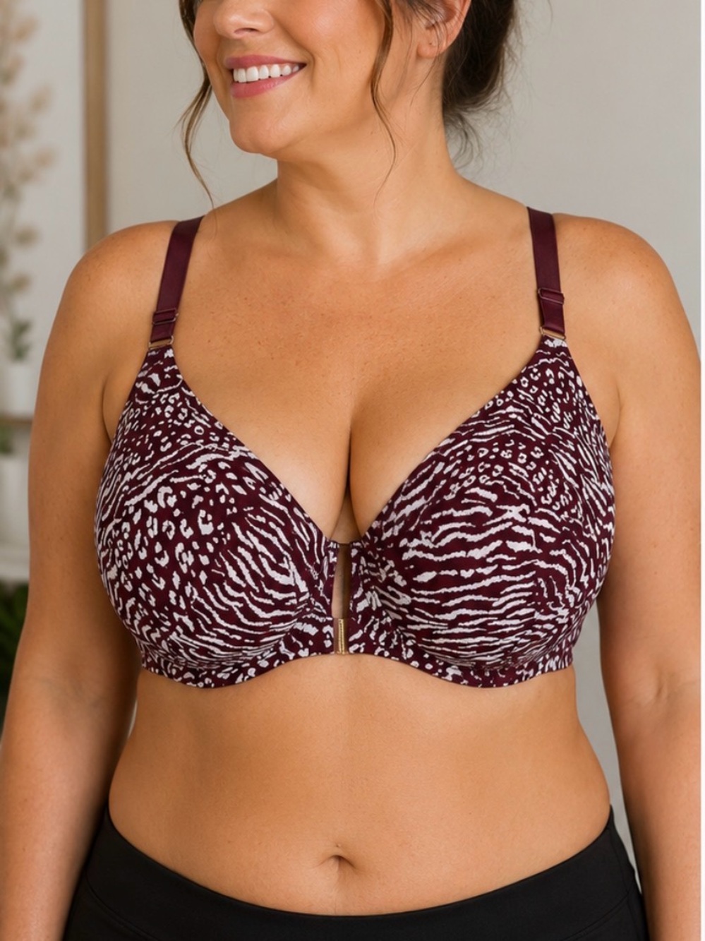 Cacique 46DDD Front Close Underwire Bra Burgundy Animal Print Lace Racerback